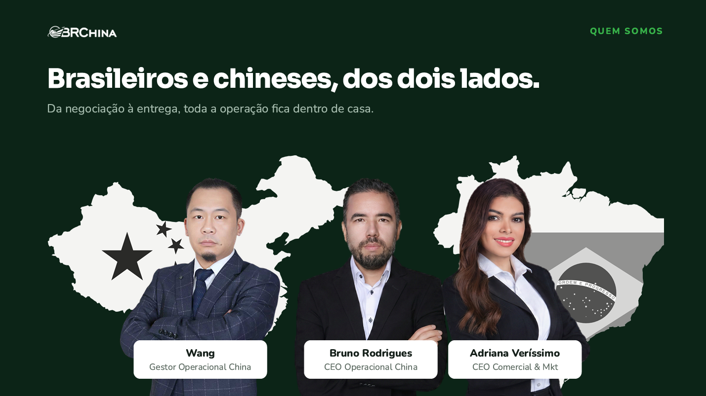 Equipe BRChina dos dois lados: Wang, gestor operacional na China; Bruno Rodrigues, CEO operacional China; e Adriana Veríssimo, CEO comercial e marketing, sobre os mapas da China e do Brasil